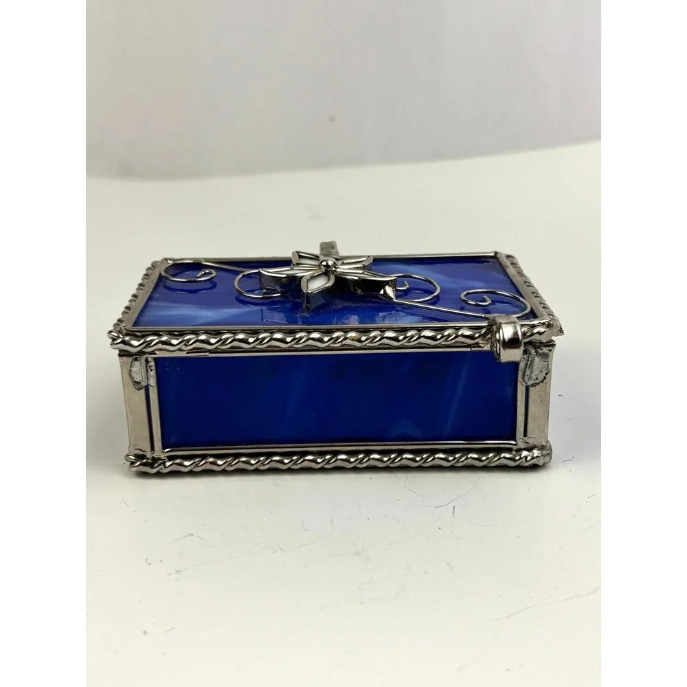 Vintage Blue Slag Glass Jewelry Trinket Box Silver Tone‎ Hinged Lid
